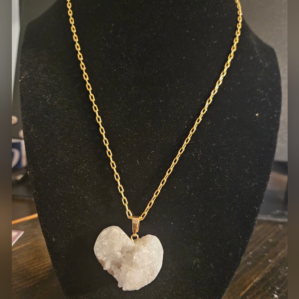 Gold Chain Necklace with White Druzy Heart Pendant